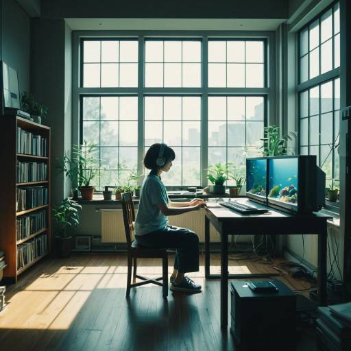 Young Woman Studying with Fish Tank and Old Computer