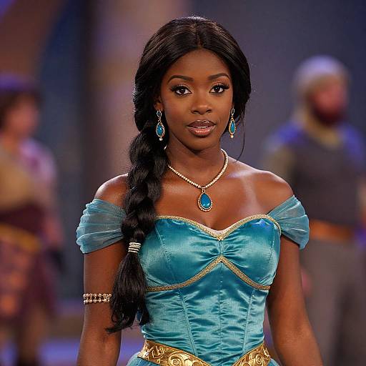 Photograph of a beautiful Black woman with long braided hair, wearing a turquoise off-shoulder dress with gold trim, blue earrings, and necklace