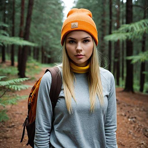 Blonde Woman in Orange Beanie in Forest