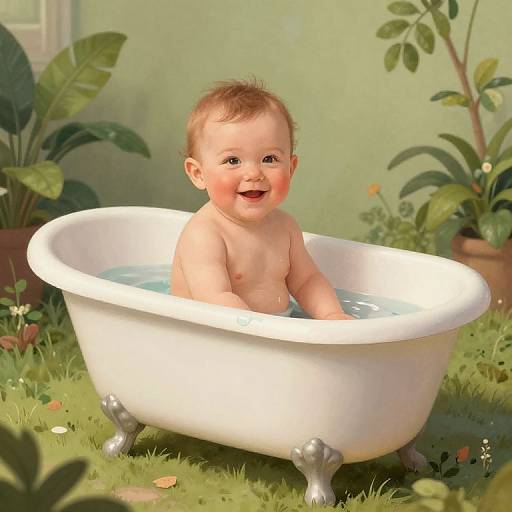 Digital artwork of a smiling, chubby, fair-skinned baby with short brown hair, sitting in a white, clawfoot bathtub filled with water, surrounded