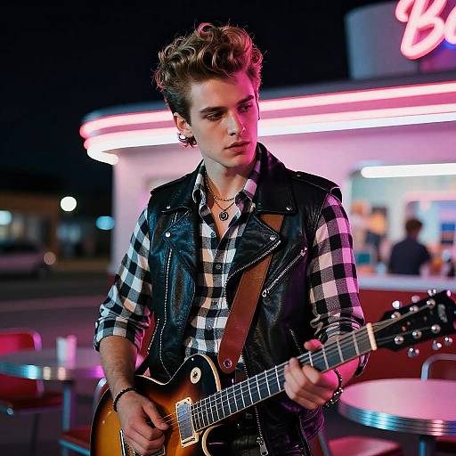 Photograph of a young, curly-haired man with a black leather vest and plaid shirt, playing a sunburst electric guitar under neon lights in a