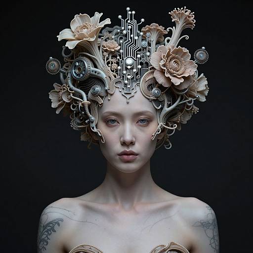 Digital artwork of a pale-skinned woman with intricate, cybernetic floral headpiece, black background, and tattoos on her shoulders, exuding a