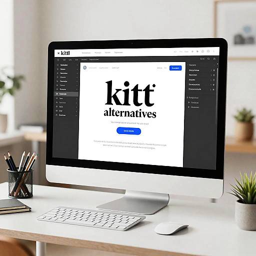 Photograph of a modern desk with a black Apple iMac displaying a website, white keyboard, black pencil holder, and small plant.