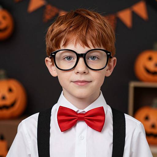 Photograph of a young boy with red hair, blue eyes, wearing black oversized glasses, a red bowtie, white shirt, and black suspenders