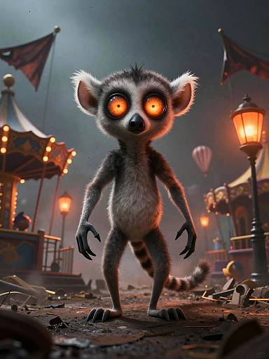 CGI image of a glowing-eyed, eerie lemur with fur standing on a foggy carnival street at night, surrounded by lit lampposts
