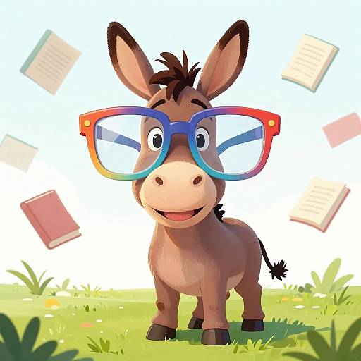Cartoon donkey with large blue and red glasses stands on green grass, surrounded by floating colorful books, smiling brightly.