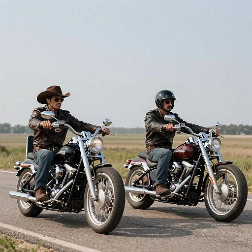 Two Men on Choppers in Rural Landscape
