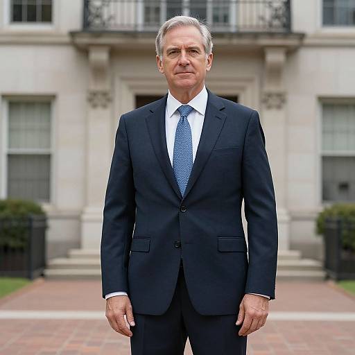 Photograph of an older white man with gray hair, wearing a black suit and blue tie, standing in front of a white, classical-style building.