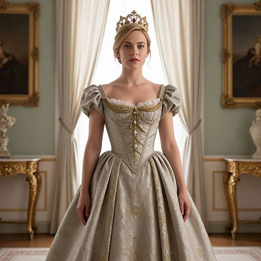 Photograph of a blonde woman in an ornate, silver, off-shoulder ball gown with gold embroidery, wearing a tiara, standing in