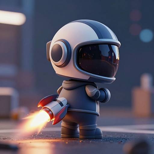CGI chibi-style astronaut figure with a white and black helmet, black visor, and grey suit, holding a glowing red gun. Dark,