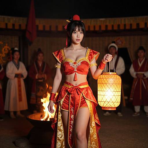 Photograph of an Asian woman in a red and gold traditional dance outfit, holding a paper lantern, walking in front of a fire and wooden backdrop.