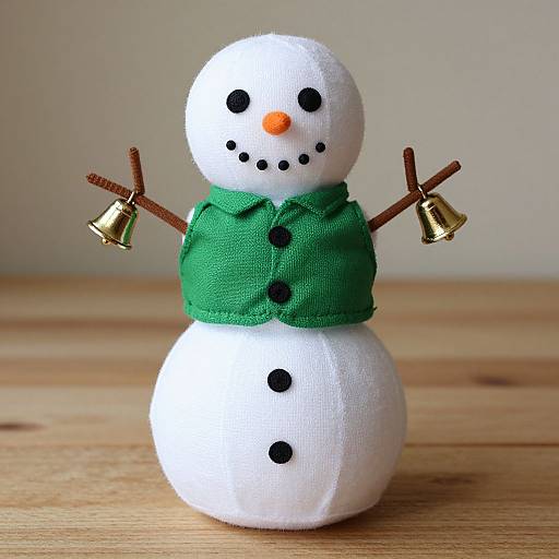Photograph of a handmade snowman with white felt body, black dot eyes, orange carrot nose, black dot mouth, green felt vest, black buttons