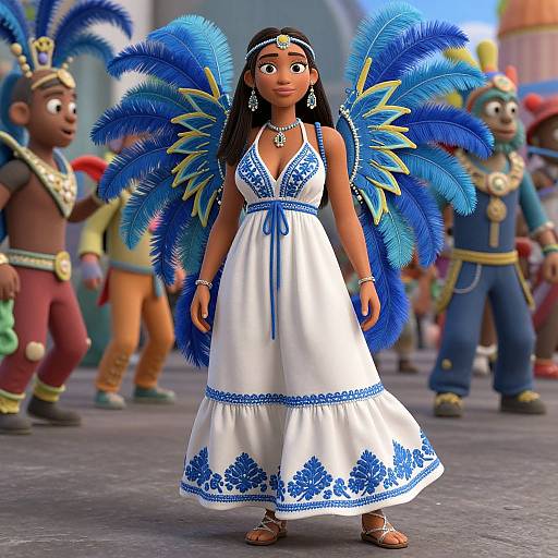 CGI image of a dark-skinned woman with blue feathered wings, wearing a white dress with blue embroidery, standing in a festive parade with colorful