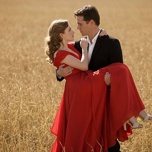 Photograph of a romantic scene: man in black suit carrying woman in red dress in golden field, both gazing lovingly at each other.