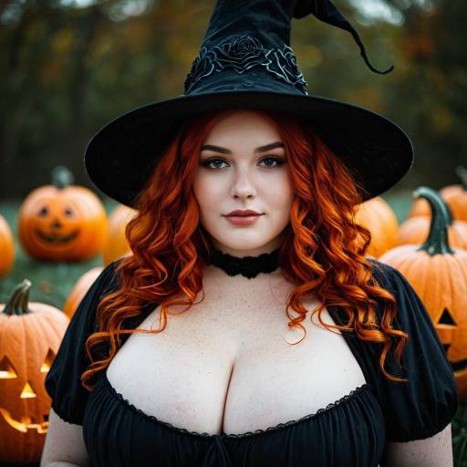 Plus Size Woman in Witch Costume with Pumpkins
