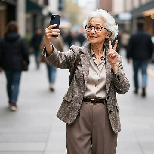 Elderly Woman Selfie in City