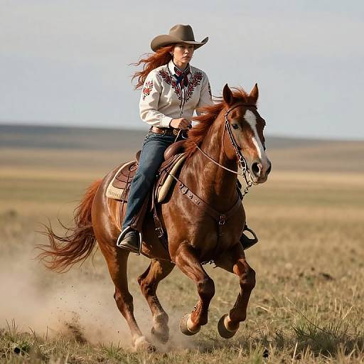 Photograph of a smiling woman with long brown hair, wearing a cowboy hat and white shirt, riding a brown horse through a grassy field.