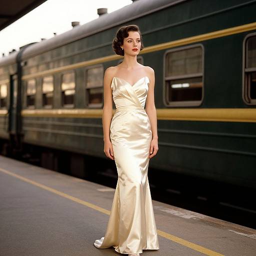 Elegant Woman in Satin Gown on Vintage Train Platform