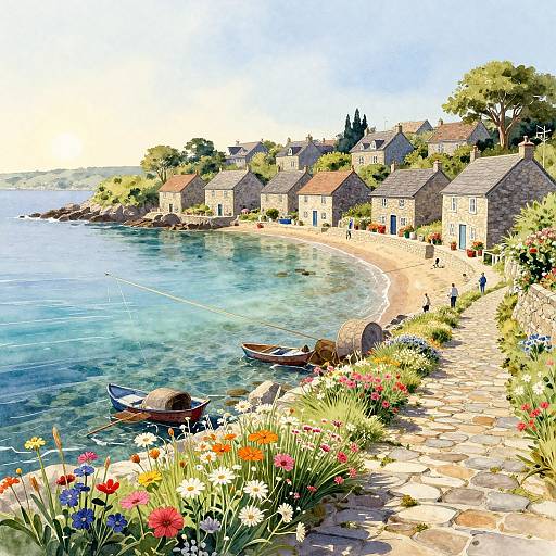 Serene Coastal Village Watercolor Scene