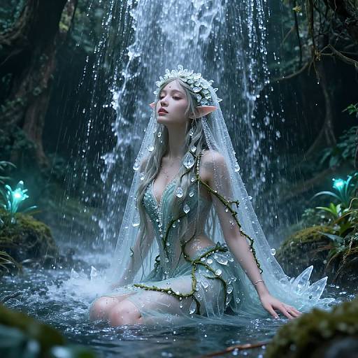 Digital art of a fair-skinned, elven woman with long silver hair and pointed ears, kneeling in a glowing, water-filled forest, wearing a