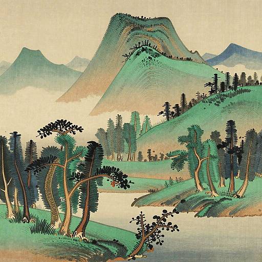 Japanese Ink Landscape with Mountains