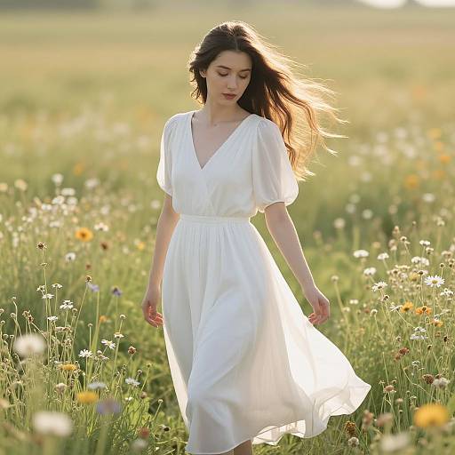 Photograph of a young woman with long brown hair, wearing a flowing white dress, walking through a sunlit field of wildflowers.