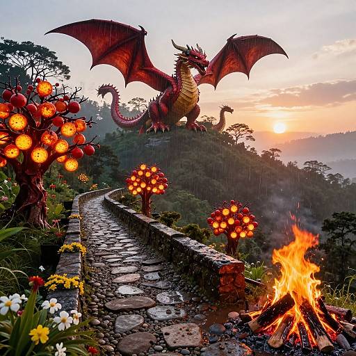 Photograph-like digital art of a red dragon with wings spread, standing on a hill at sunset, beside a stone path with glowing lanterns and a