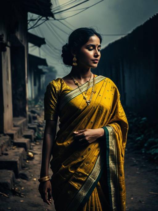 Woman in Yellow Malmal Cotton Saree Outdoors