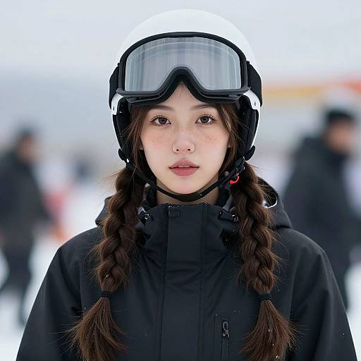 Photograph of an East Asian woman with braided hair, wearing a black ski jacket and ski goggles, standing in a snowy, blurred ski resort background