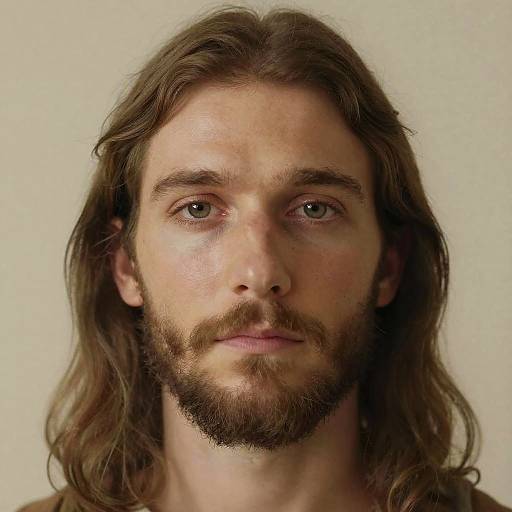 Photograph of a young Caucasian man with long brown hair, blue eyes, and a beard, set against a plain beige background.