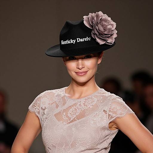 Photograph of a smiling woman in a black hat with a large gray flower, and a white lace dress, on a fashion runway.