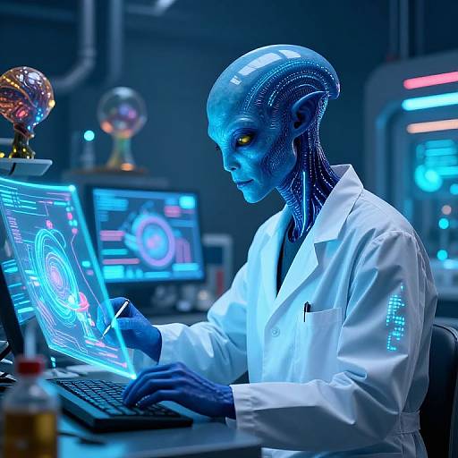 Photograph of a blue-skinned, cybernetic scientist with glowing yellow eyes, wearing a white lab coat, typing on a neon-lit laptop