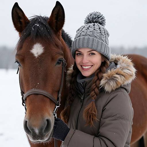 Photograph of a smiling woman with braided brown hair, wearing a grey knit hat and brown winter coat, hugging a brown horse with a white