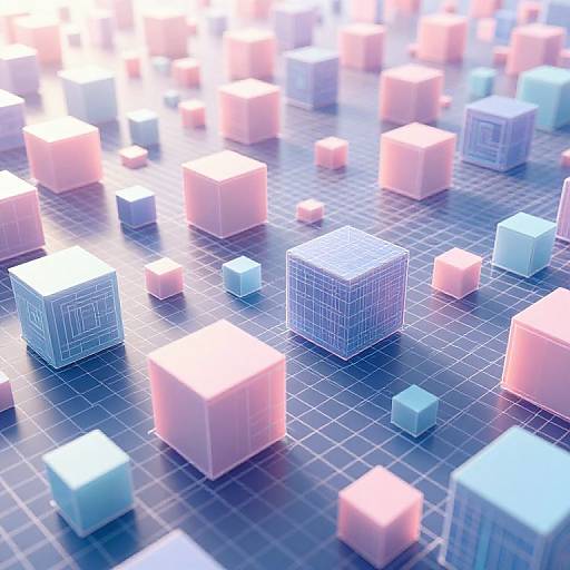 CGI image of glowing, pastel-colored 3D cubes on a blue grid background, featuring varying sizes and a grid pattern texture.