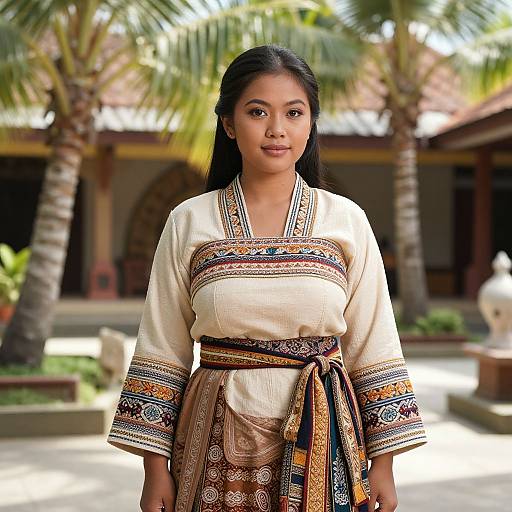 Photograph of a young Asian woman with long black hair, wearing an intricately patterned traditional white and brown dress, standing in a sunlit courtyard