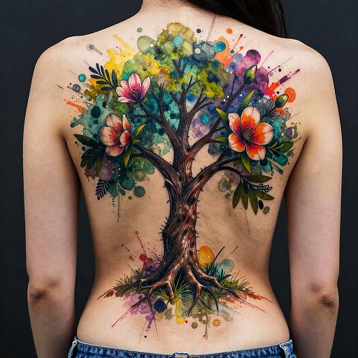 Vibrant Tree Back Tattoo Design
