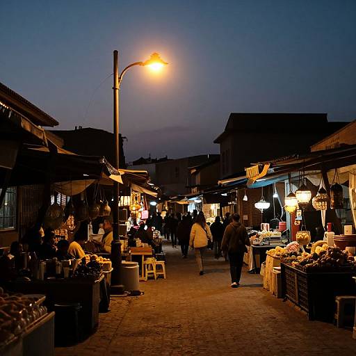 Photograph of a dimly lit evening market street with glowing street lamps, vendors, shoppers, and illuminated stalls selling fruits and goods.