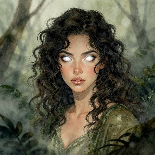 Digital painting of a mysterious woman with glowing white eyes, long curly black hair, and green forest background, wearing a green blouse.