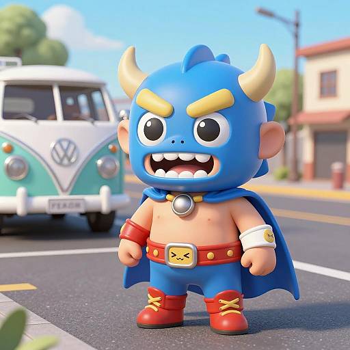 Chibi Blue Demon Luchador with Vintage VW Van
