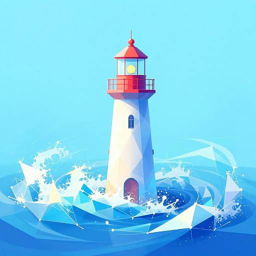Digital illustration of a white lighthouse with a red roof, standing in vibrant blue, crashing waves against a bright blue sky.
