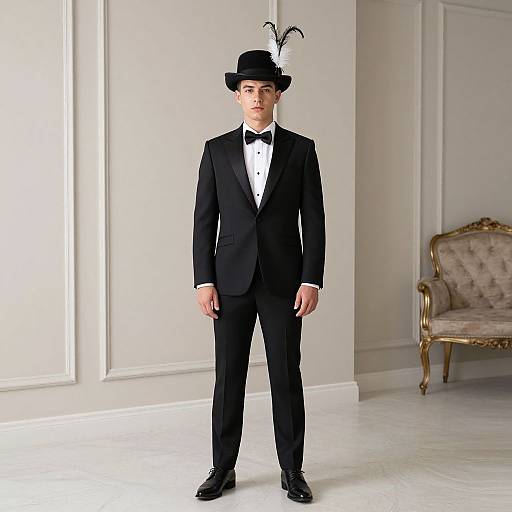 Photograph of a young man in a black tuxedo, white shirt, black bow tie, and black top hat with black feather accents, standing