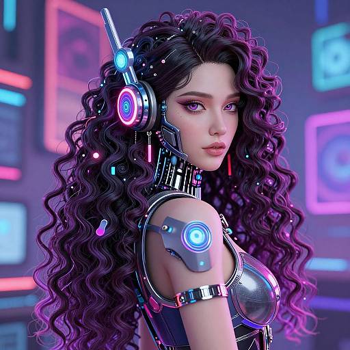 Digital art of a futuristic, cyberpunk woman with long, wavy purple hair, neon cybernetic headset, and glowing blue and pink accents.