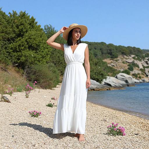 Photograph of a woman in a white sleeveless dress and straw hat, standing on a pebble beach with green trees and rocks in the background,