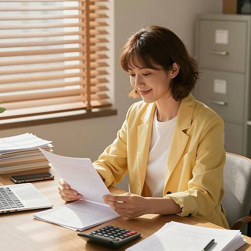 Cheerful Woman Reading at Desk