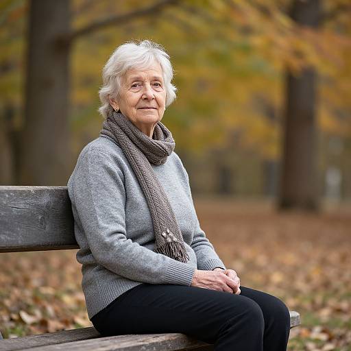 Photograph of an elderly white woman with short white hair, wearing a gray sweater, black pants, and a gray scarf, sitting on a wooden bench