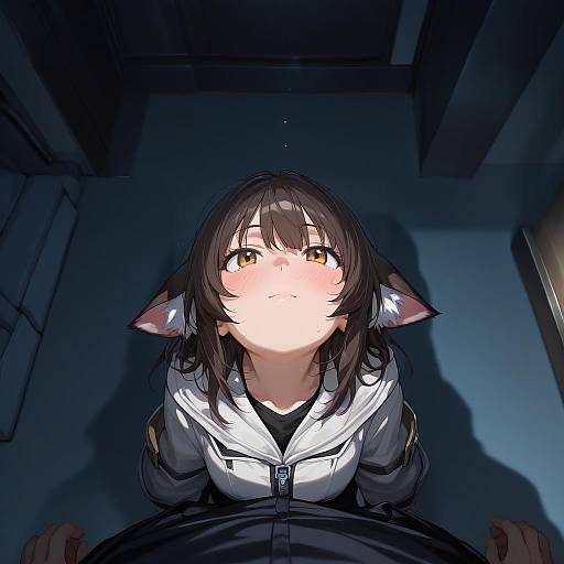 Anime-style digital drawing of a brown-haired girl with cat ears, looking up with golden eyes, wearing a white hoodie, in a dimly lit room
