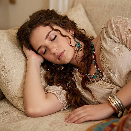 Photograph of a young woman with wavy brown hair, closed eyes, and fair skin, sleeping on a beige couch. She wears a beige embroidered