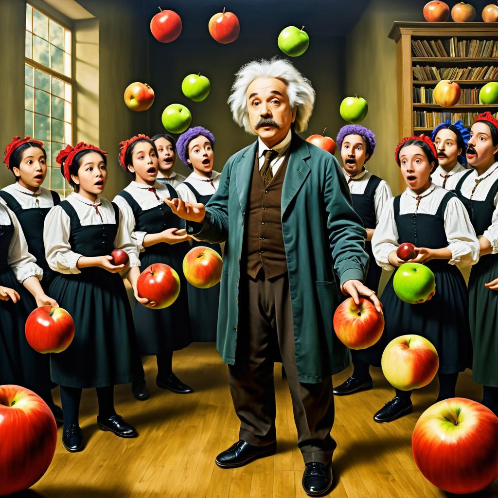 Albert Einstein Juggling Apples Surrounded by Students