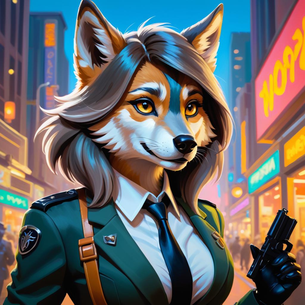 Expressive Female Wolf Fursona in Cyberpunk Style