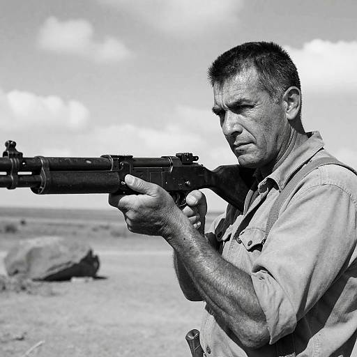 Man Holding Mounted Machine Gun in Arid Landscape